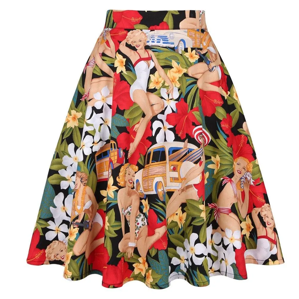 2021 Harajuku Summer Casual Women Skirt 50s 60s Cotton Big Swing Pin Up Rockabilly Vintage Short School Skirts Saia Feminina