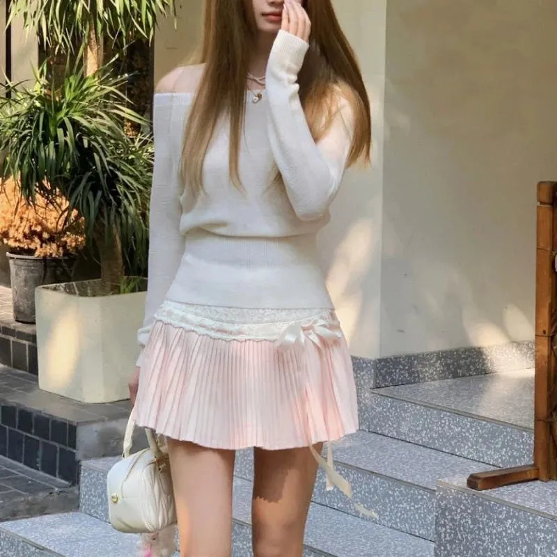 Advbridge Coquette Pleated Skirt Women Fairycore Elegant Mini Skirts Kawaii Sweet Lace Up Bow Cute Fanshion Summer Short Skirt