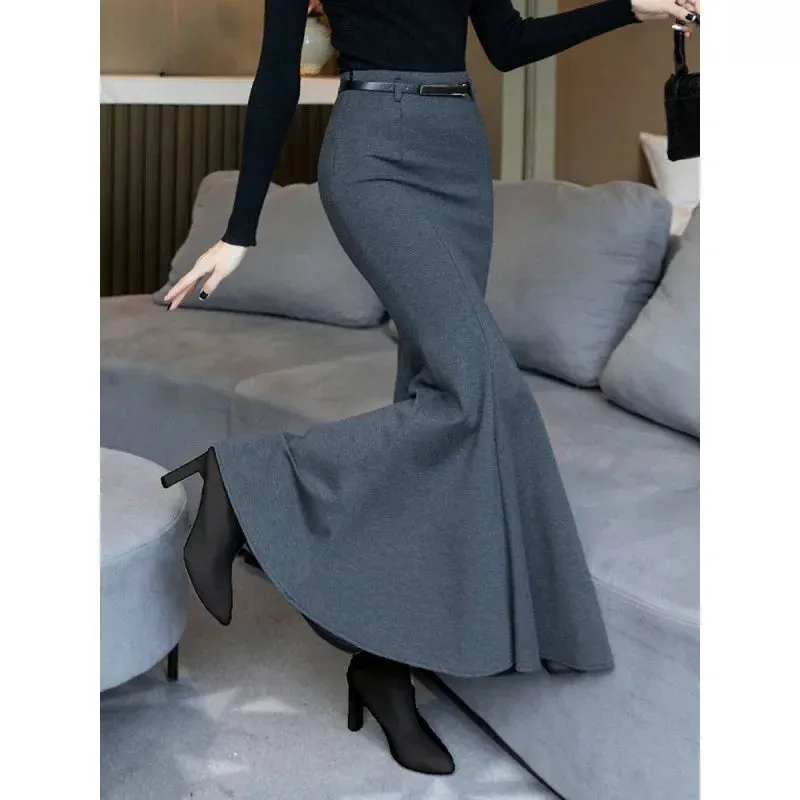 Amozae-Elegant Grey Fish Tail Skirt Women's Autumn/winter Long Dress Draped Style Socialite Style Skirt For Plus-size Women