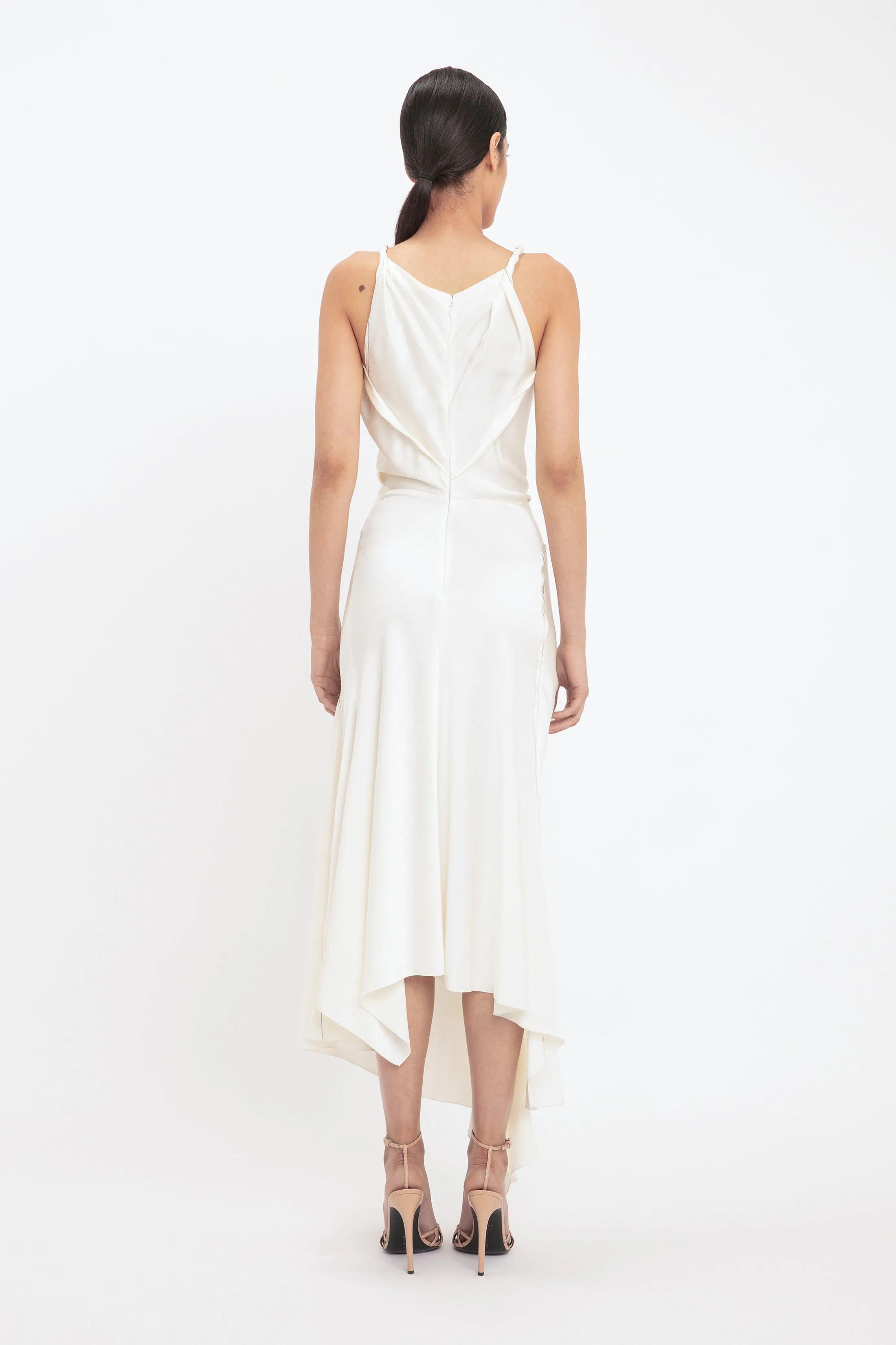 Asymmetric Draped Midi Dress In Ivory