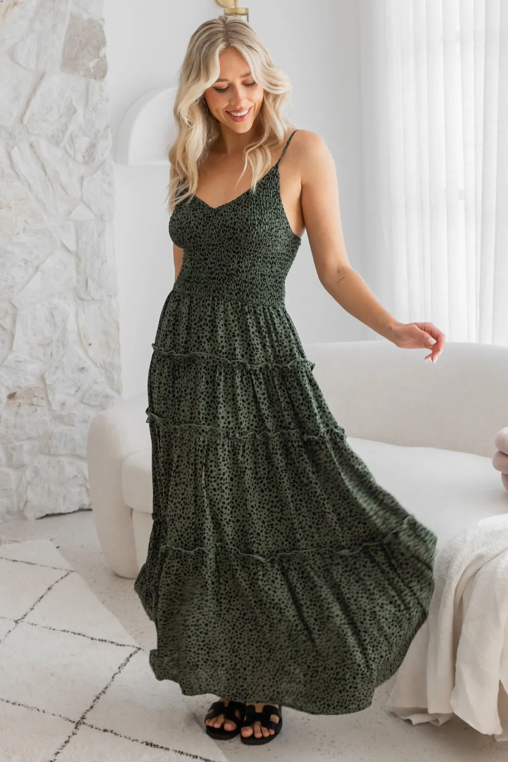 Austen Shirred Maxi Dress Khaki Speckle