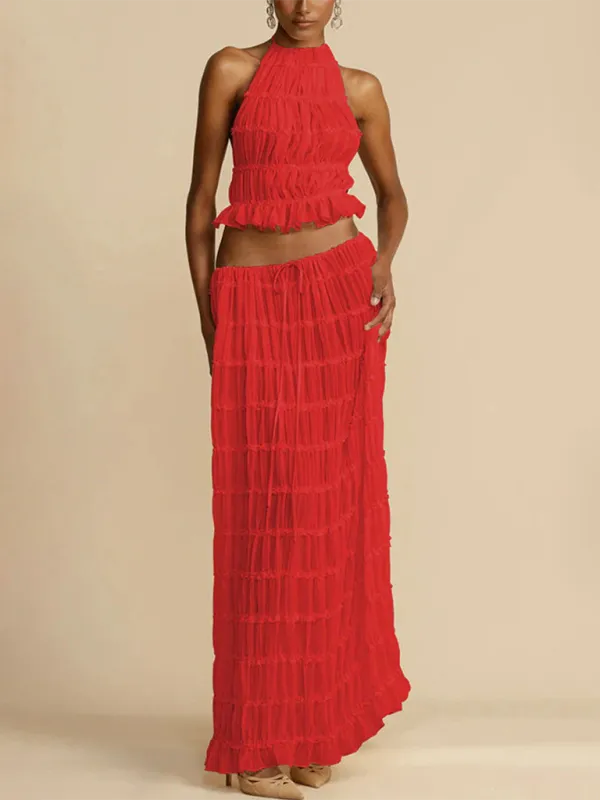 Backless Lace-up Halter Top Set And Two-Piece Chiffon Pleated Long Skirt