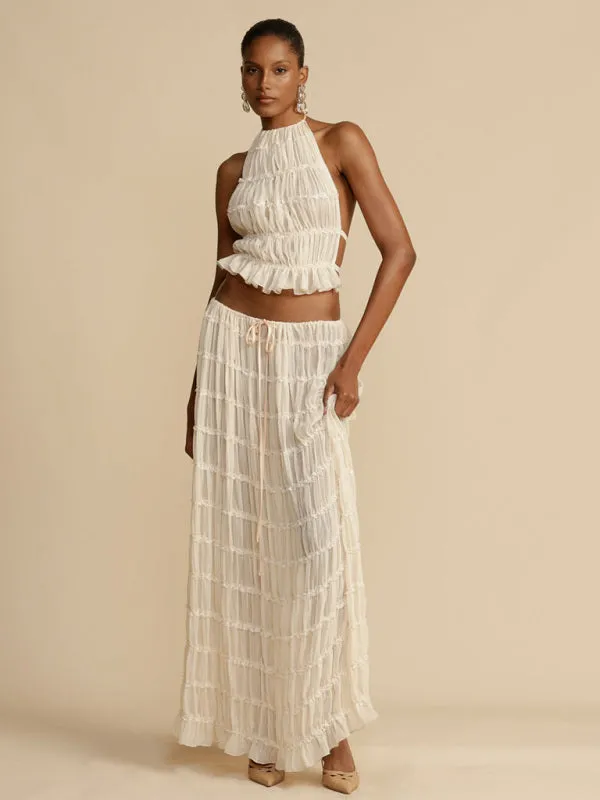 Backless Lace-up Halter Top Set And Two-Piece Chiffon Pleated Long Skirt