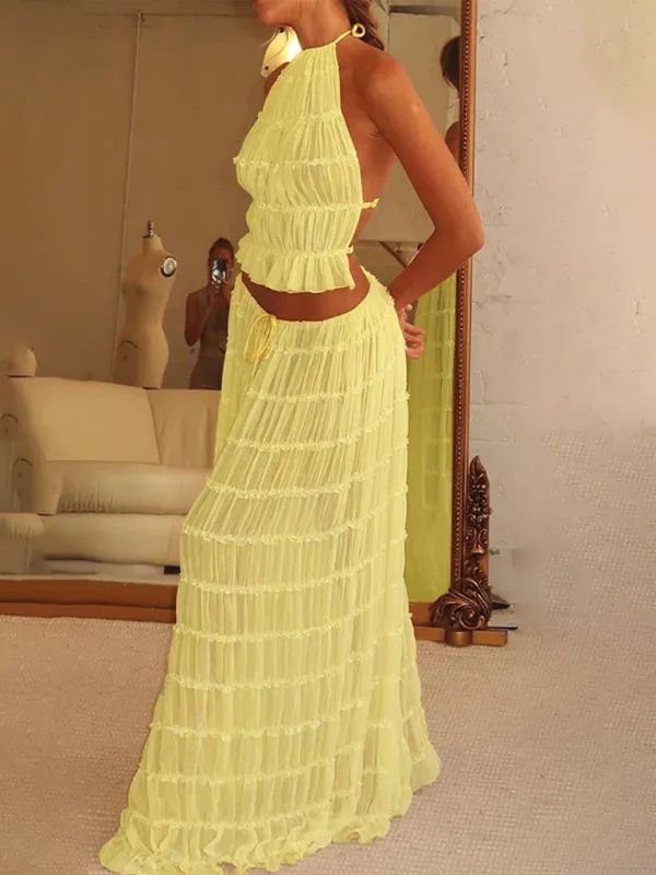 Backless Lace-up Halter Top Set And Two-Piece Chiffon Pleated Long Skirt