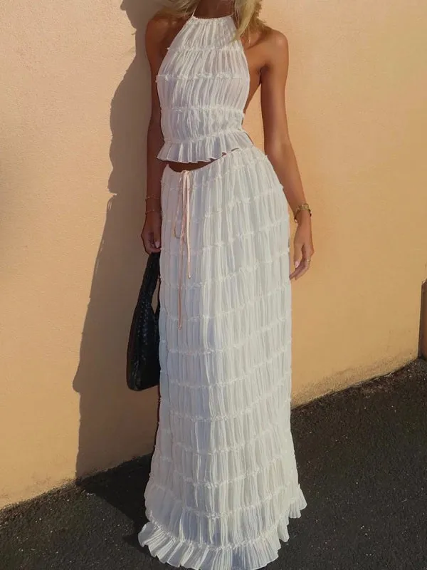 Backless Lace-up Halter Top Set And Two-Piece Chiffon Pleated Long Skirt