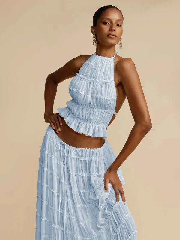 Backless Lace-up Halter Top Set And Two-Piece Chiffon Pleated Long Skirt