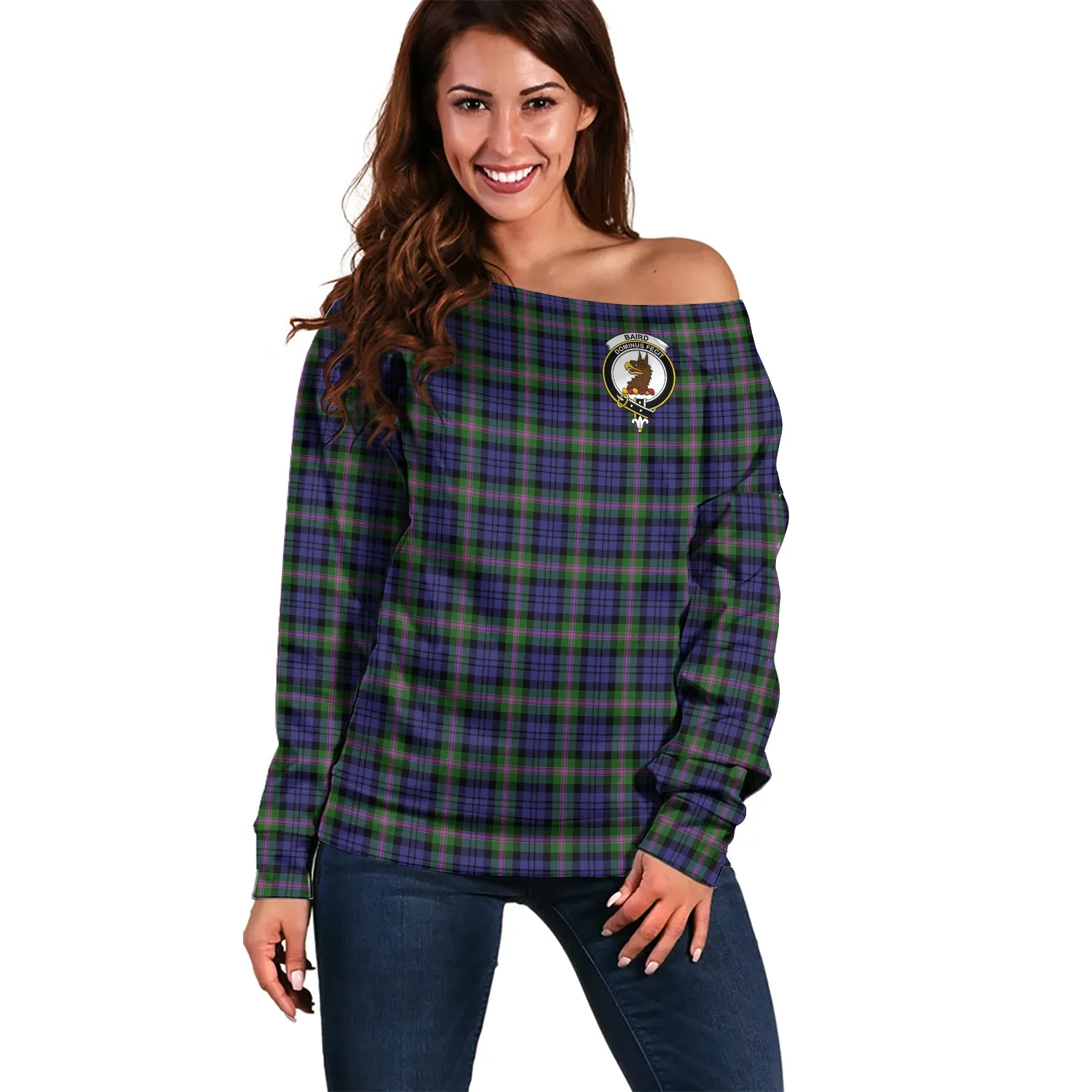 Baird Modern Tartan Off Shoulder Women Sweater with Family Crest