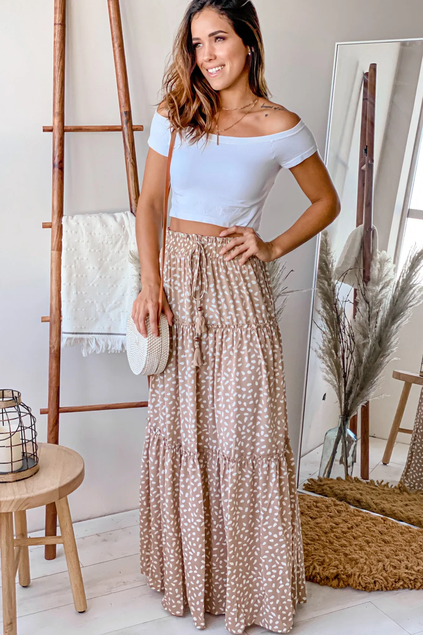 Beige And White Printed Tiered Long Skirt