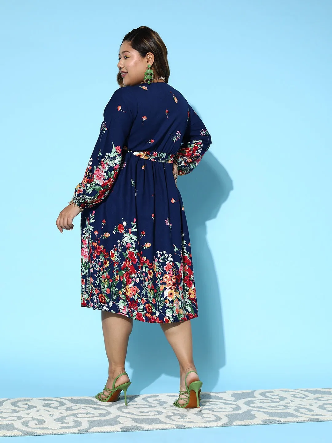 Berrylush Women Plus Size Navy Blue & Red Floral Printed V-Neck Puff Sleeves Tie-Up Waist Flared Wrap Midi Dress