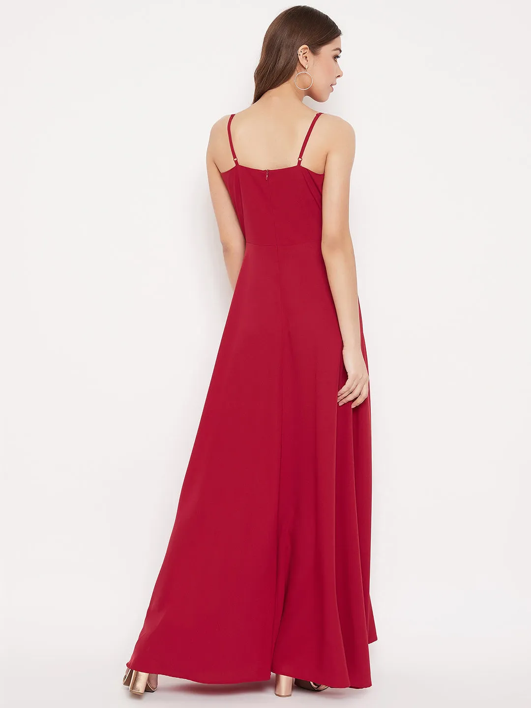 Berrylush Women Solid Red V-Neck Flared Maxi Dress