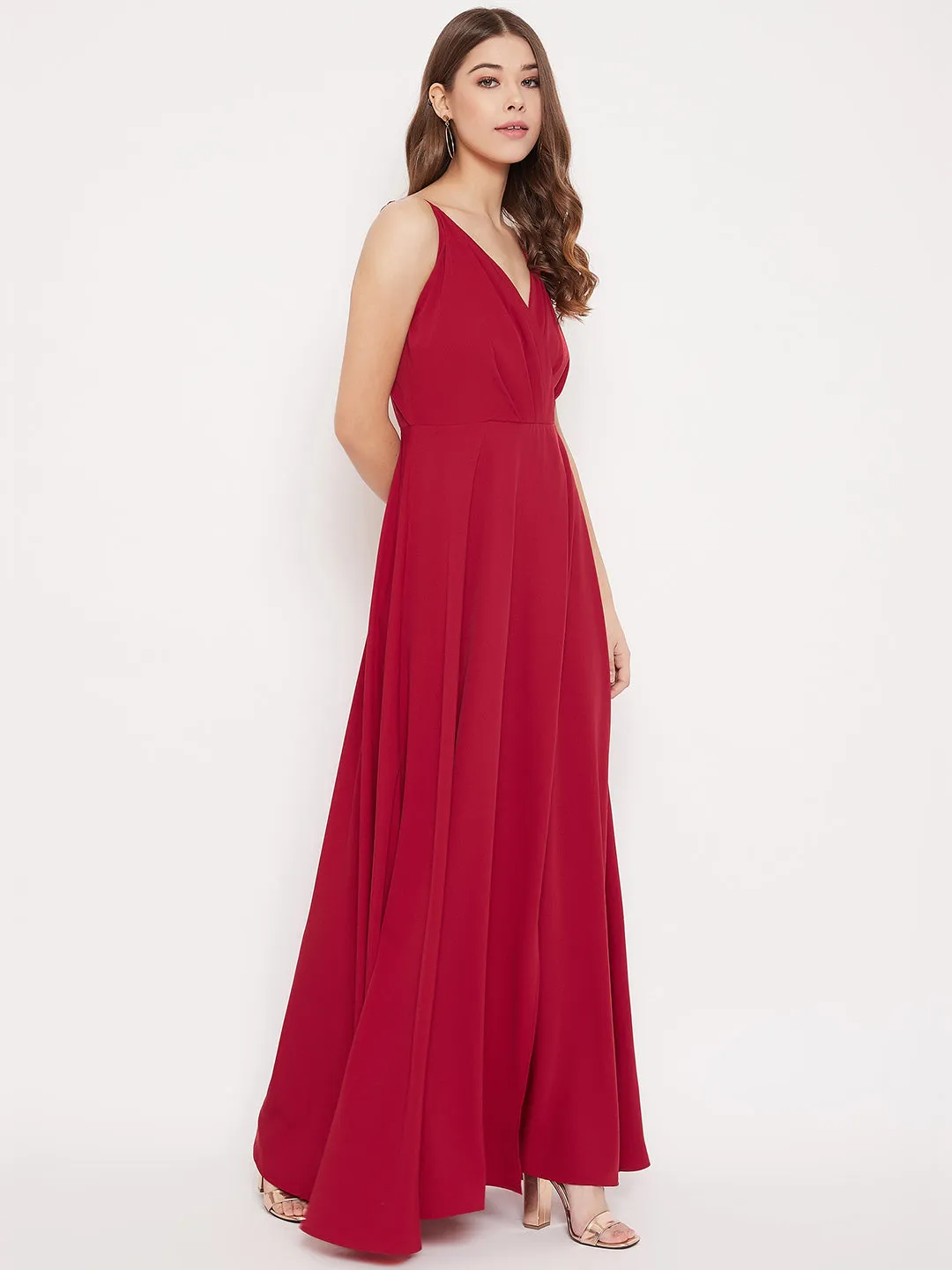 Berrylush Women Solid Red V-Neck Flared Maxi Dress