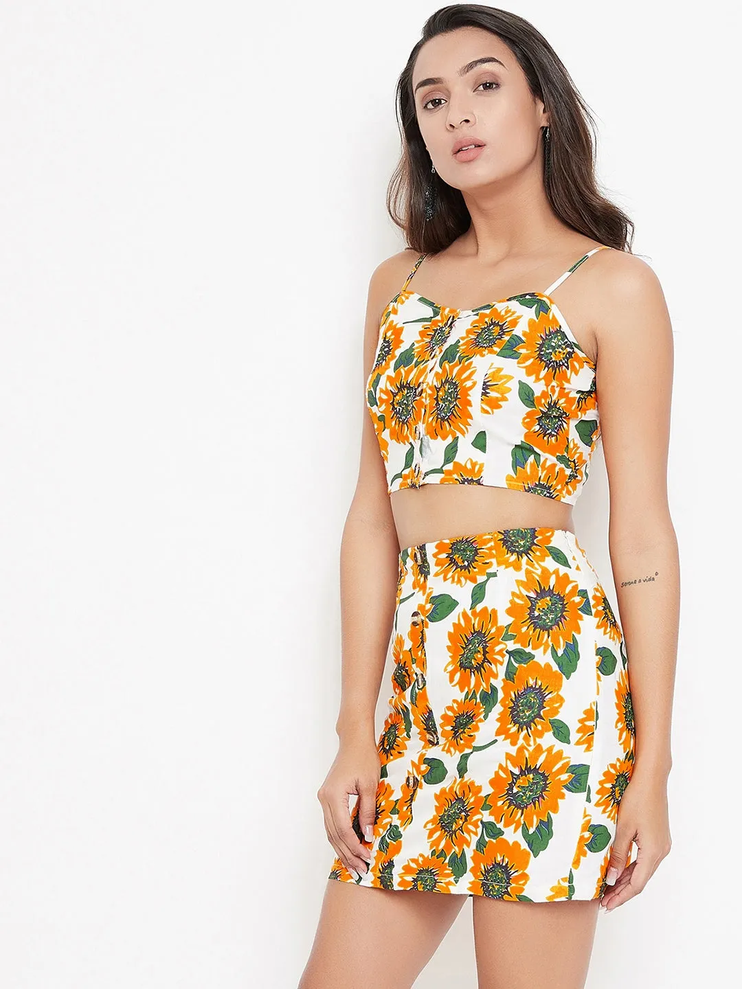 Berrylush Women White & Yellow Sunflower Printed Sweetheart Neck Co-Ordinated Sheath Mini Dress