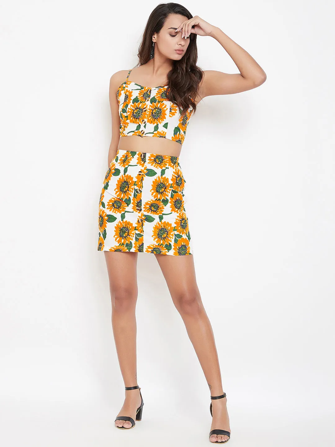 Berrylush Women White & Yellow Sunflower Printed Sweetheart Neck Co-Ordinated Sheath Mini Dress