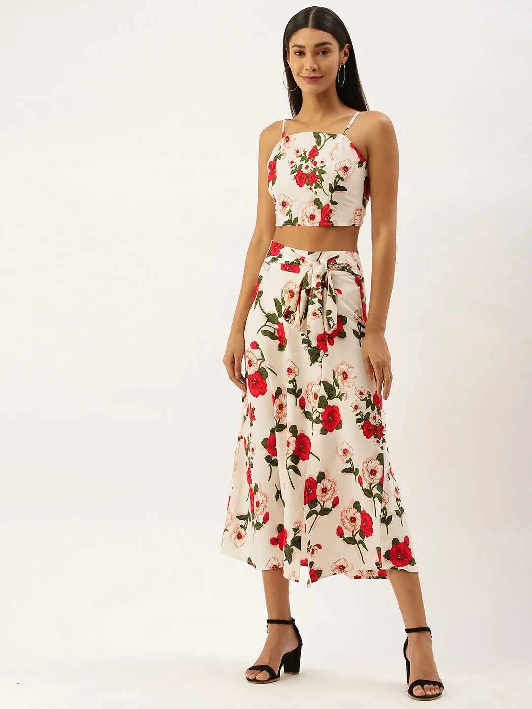 Berrylush Women White Floral Print Co-Ordinate Midi Dress