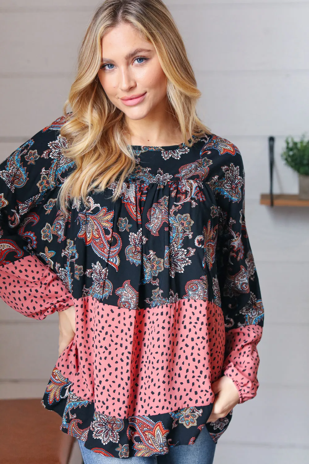 Black & Mauve Boho Floral Tiered Yoke Top