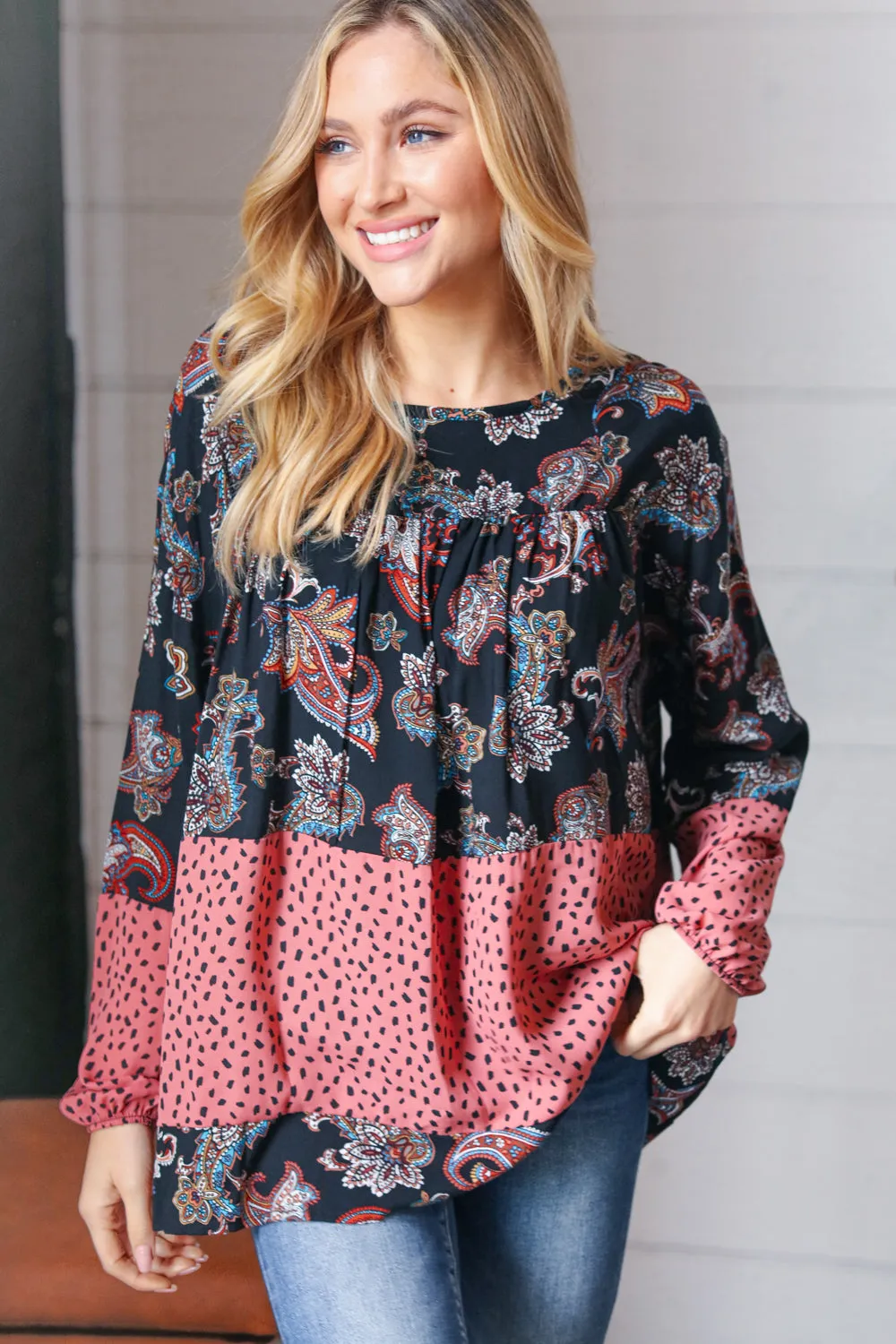 Black & Mauve Boho Floral Tiered Yoke Top