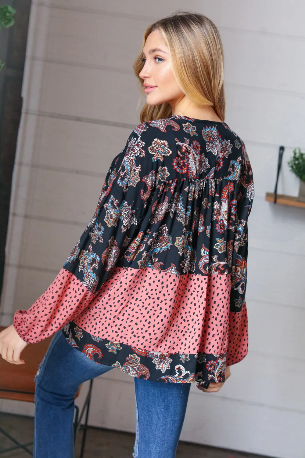 Black & Mauve Boho Floral Tiered Yoke Top