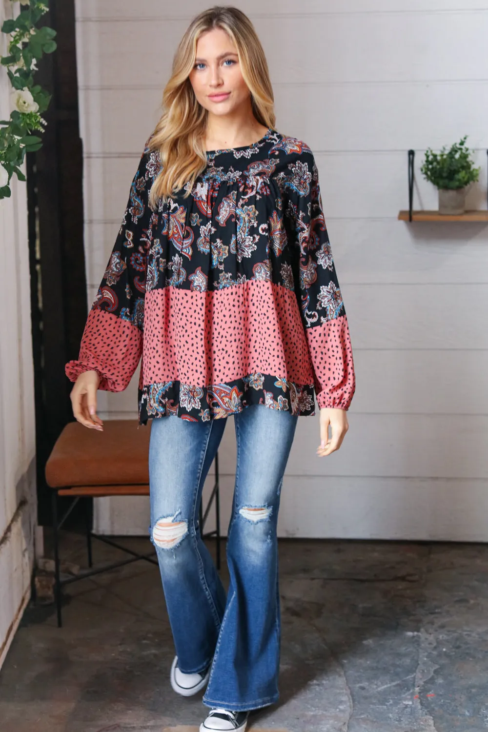 Black & Mauve Boho Floral Tiered Yoke Top