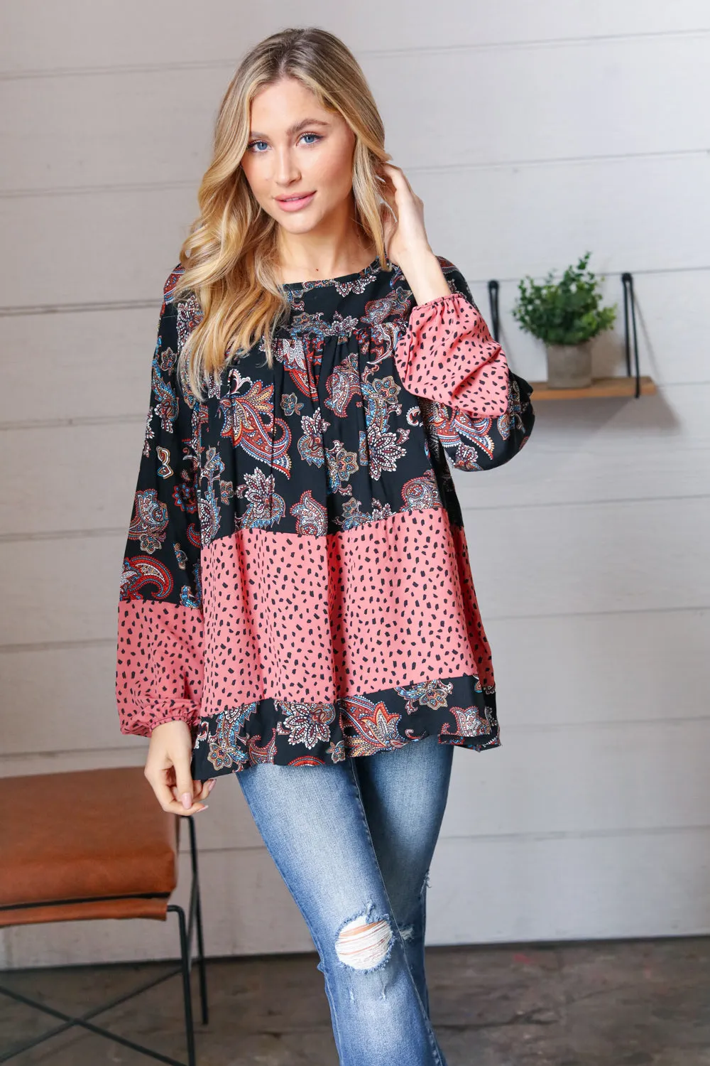 Black & Mauve Boho Floral Tiered Yoke Top