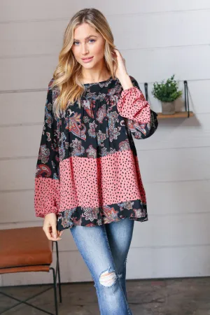 Black & Mauve Boho Floral Tiered Yoke Top