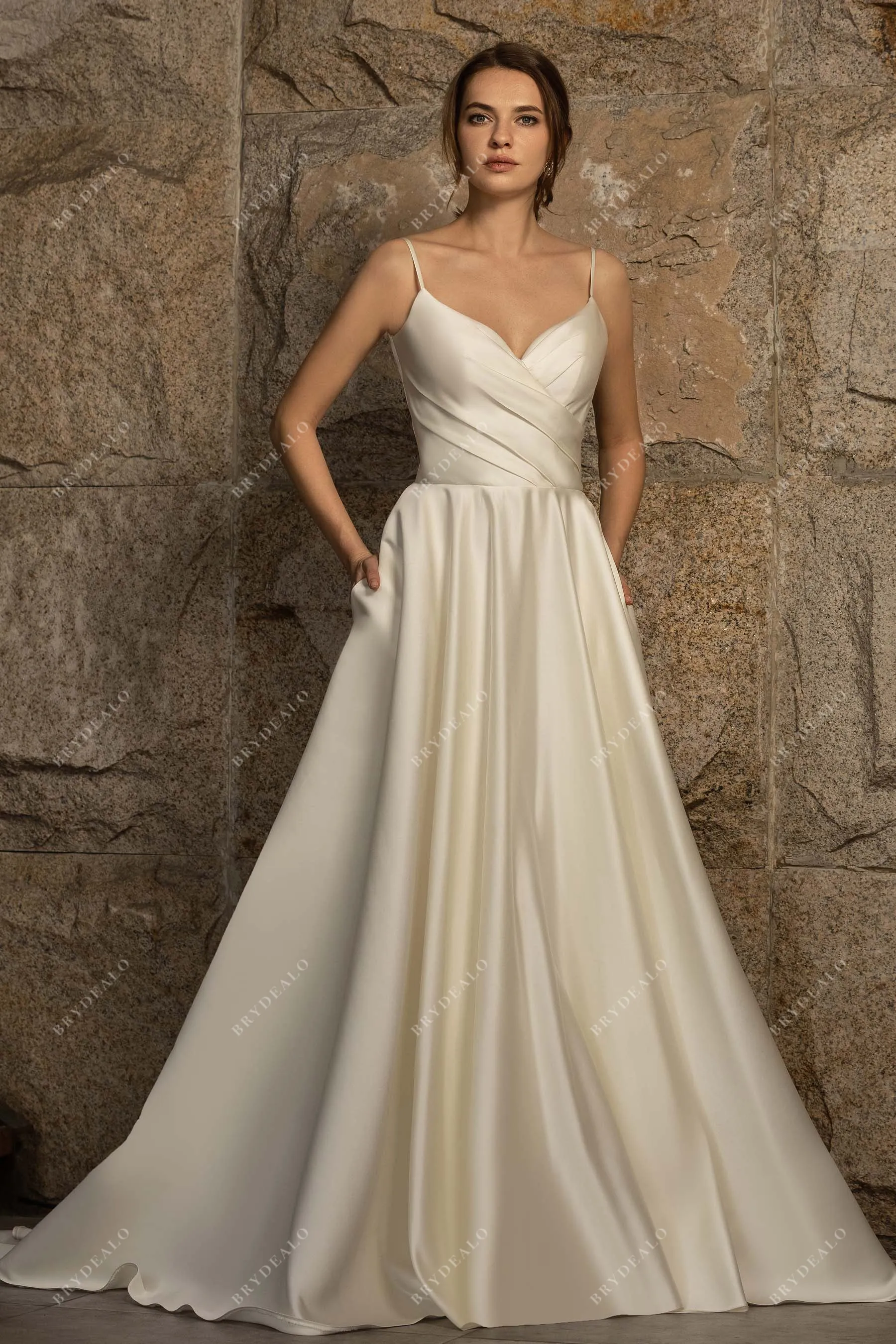 Black Satin Ruched V-neck Elegant Chapel Train Bridal Dress