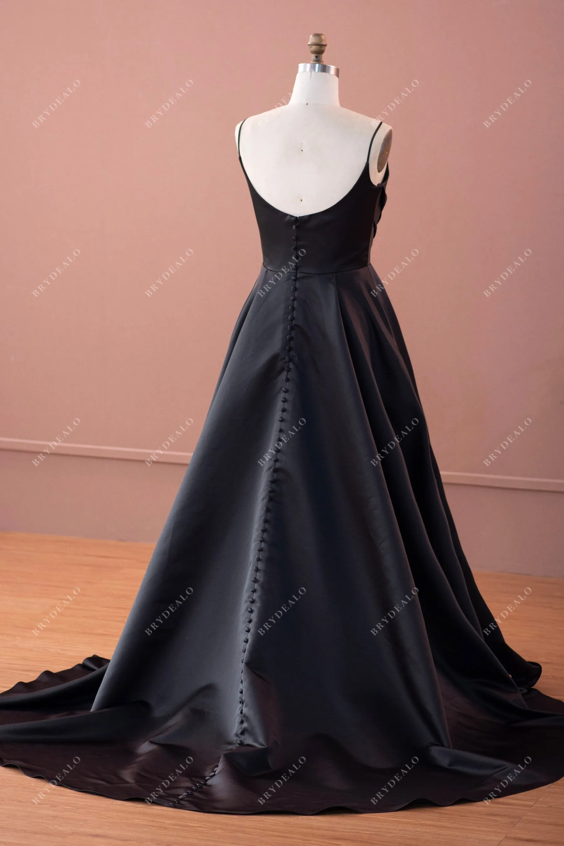 Black Satin Ruched V-neck Elegant Chapel Train Bridal Dress