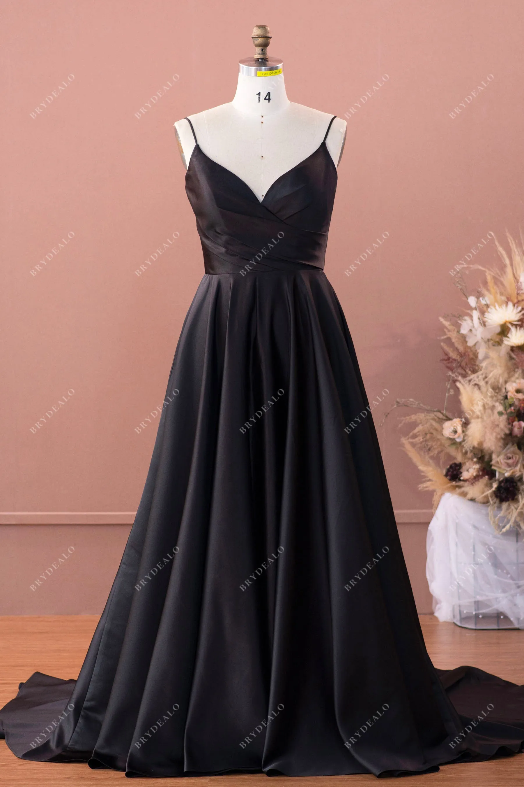 Black Satin Ruched V-neck Elegant Chapel Train Bridal Dress