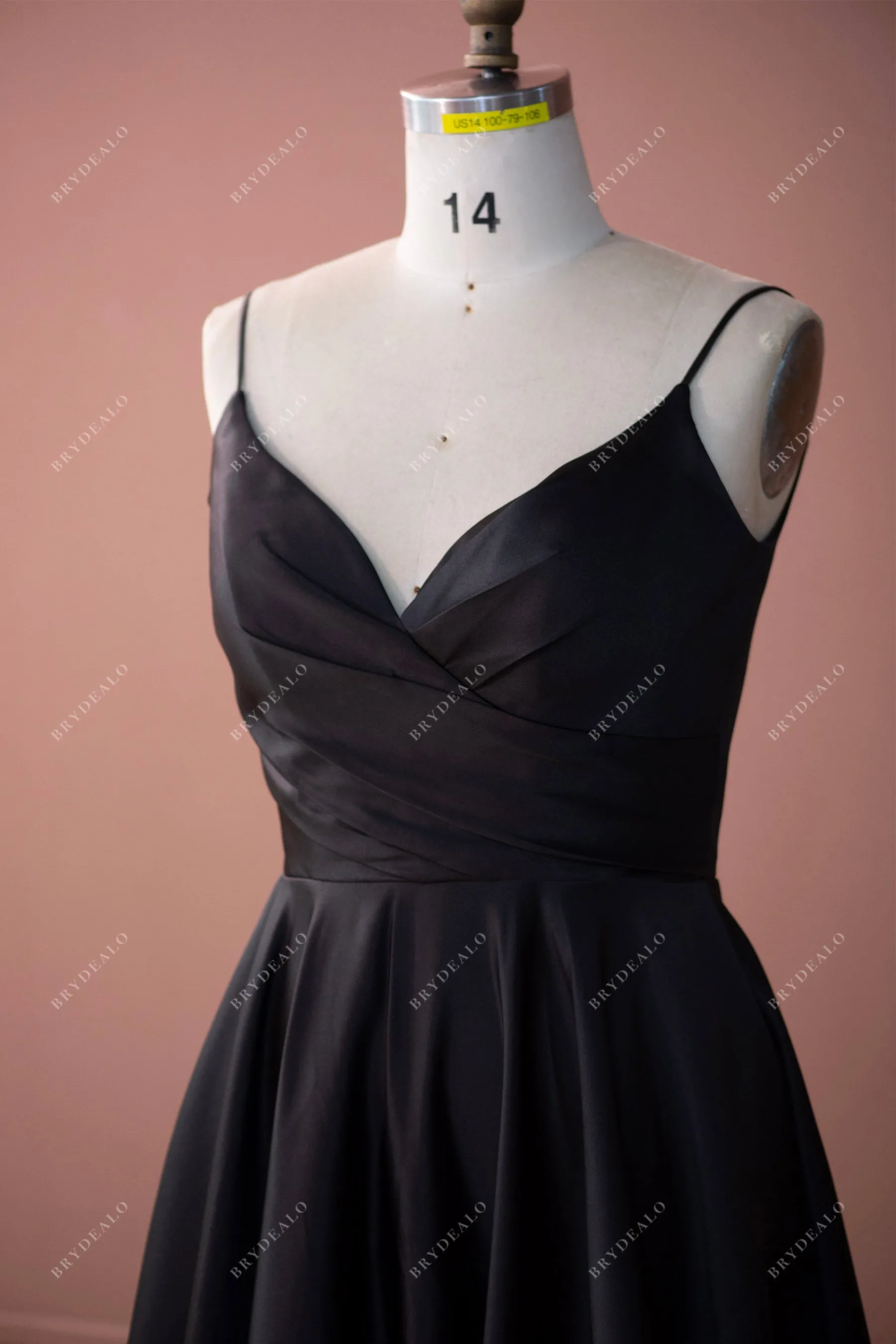 Black Satin Ruched V-neck Elegant Chapel Train Bridal Dress