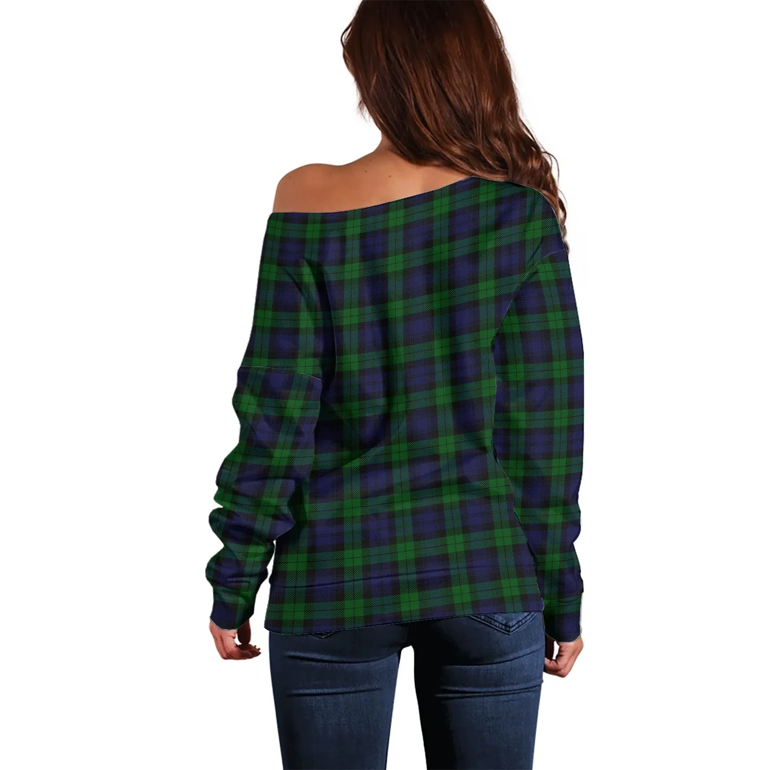 Black Watch Tartan Off Shoulder Women Sweater with Family Crest