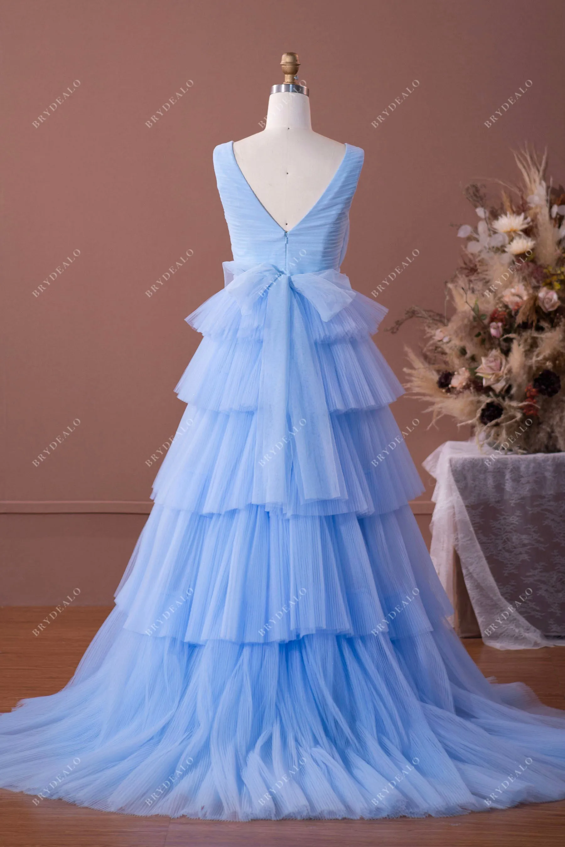 Blue Straps Pleated Tiered Tulle Formal Dress