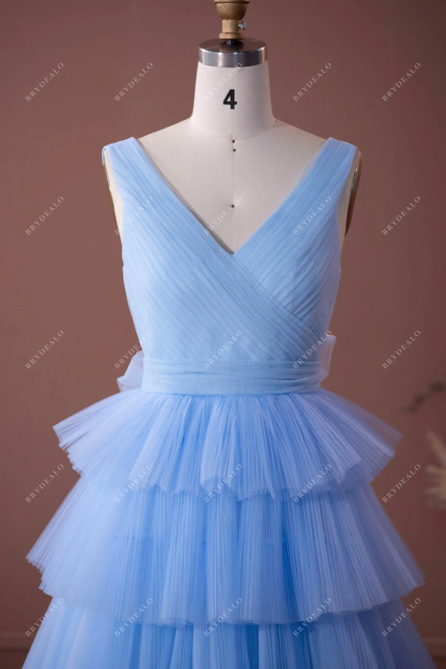 Blue Straps Pleated Tiered Tulle Formal Dress