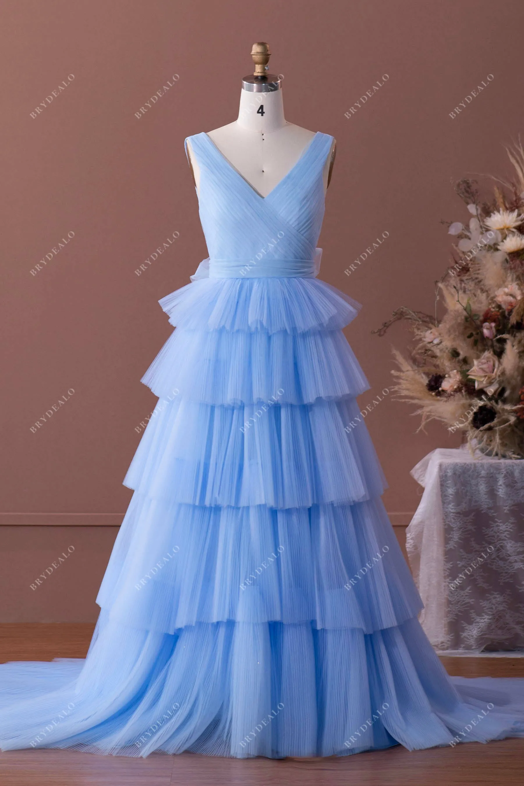 Blue Straps Pleated Tiered Tulle Formal Dress