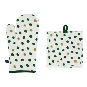 Bohemian Linens Dot Green/Gold Oven Mitt & Potholder