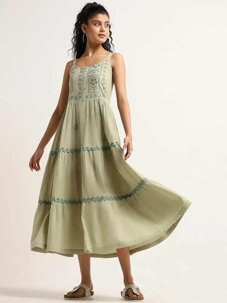 Bombay Paisley Green Embroidered Cotton Maxi Dress