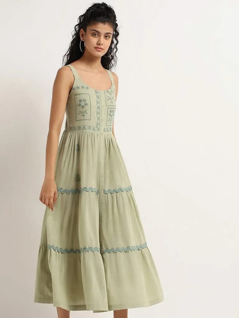 Bombay Paisley Green Embroidered Cotton Maxi Dress