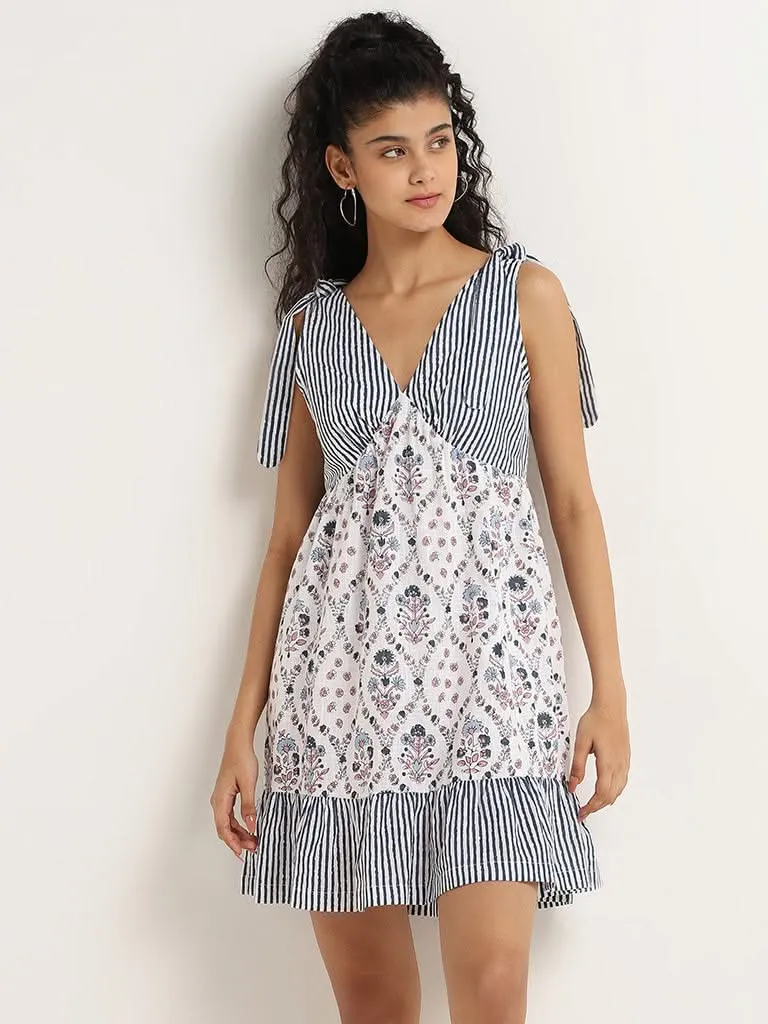 Bombay Paisley White Printed Tie-Shoulder Cotton Tiered Dress