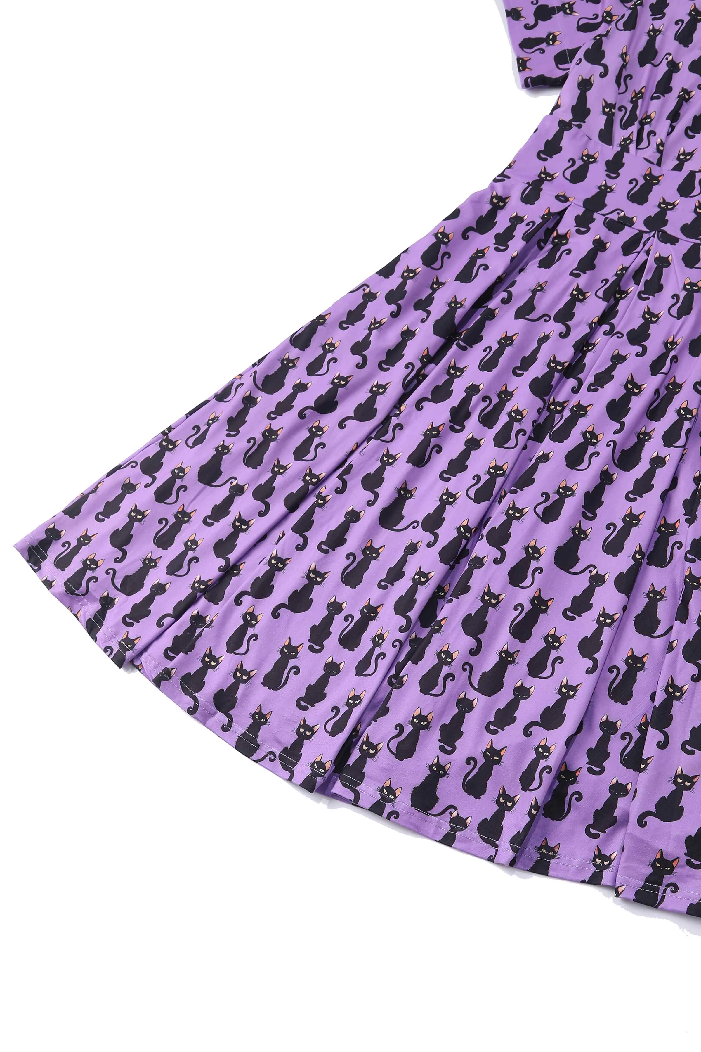 Brenda Purple Black Cat Flared Dress