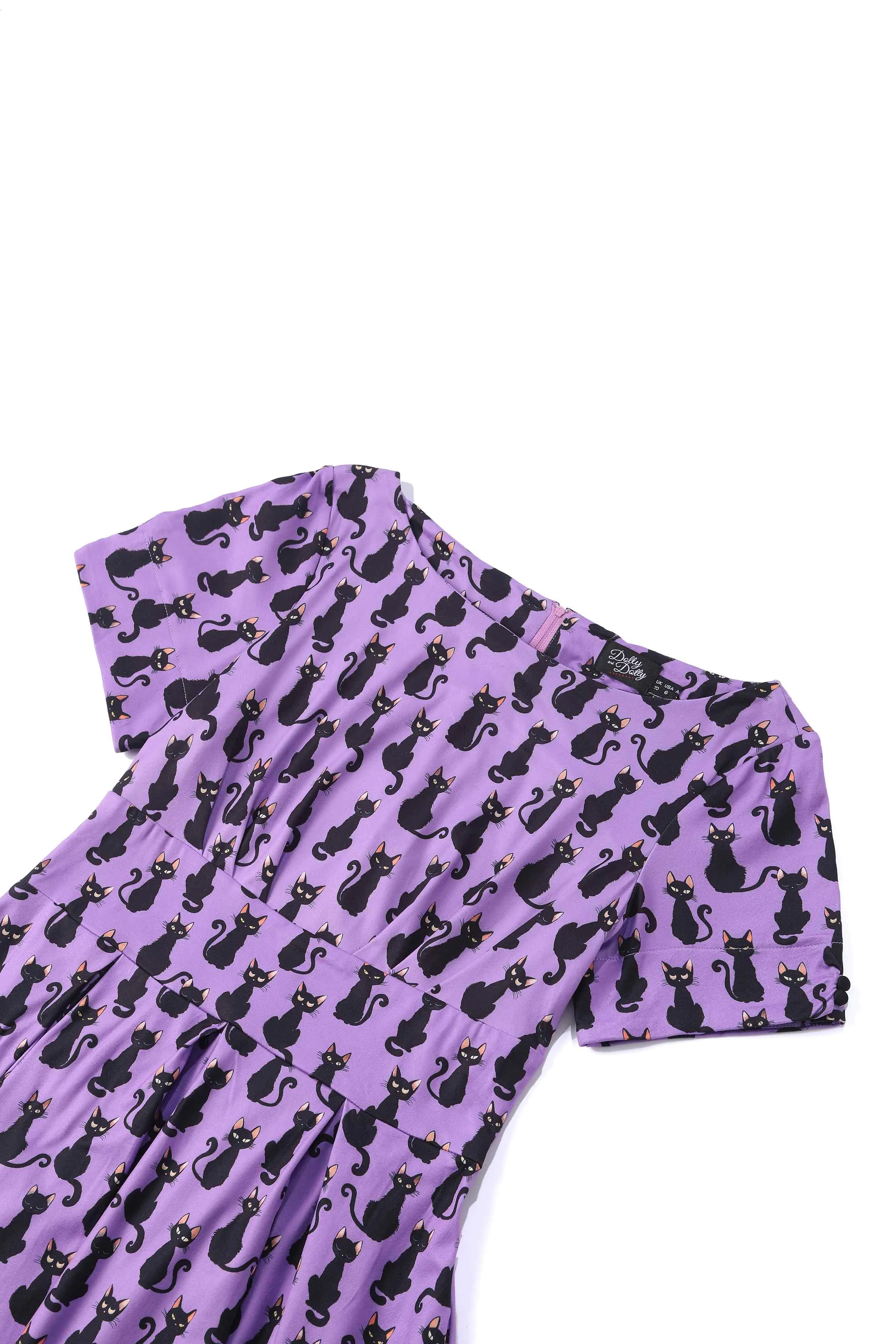 Brenda Purple Black Cat Flared Dress