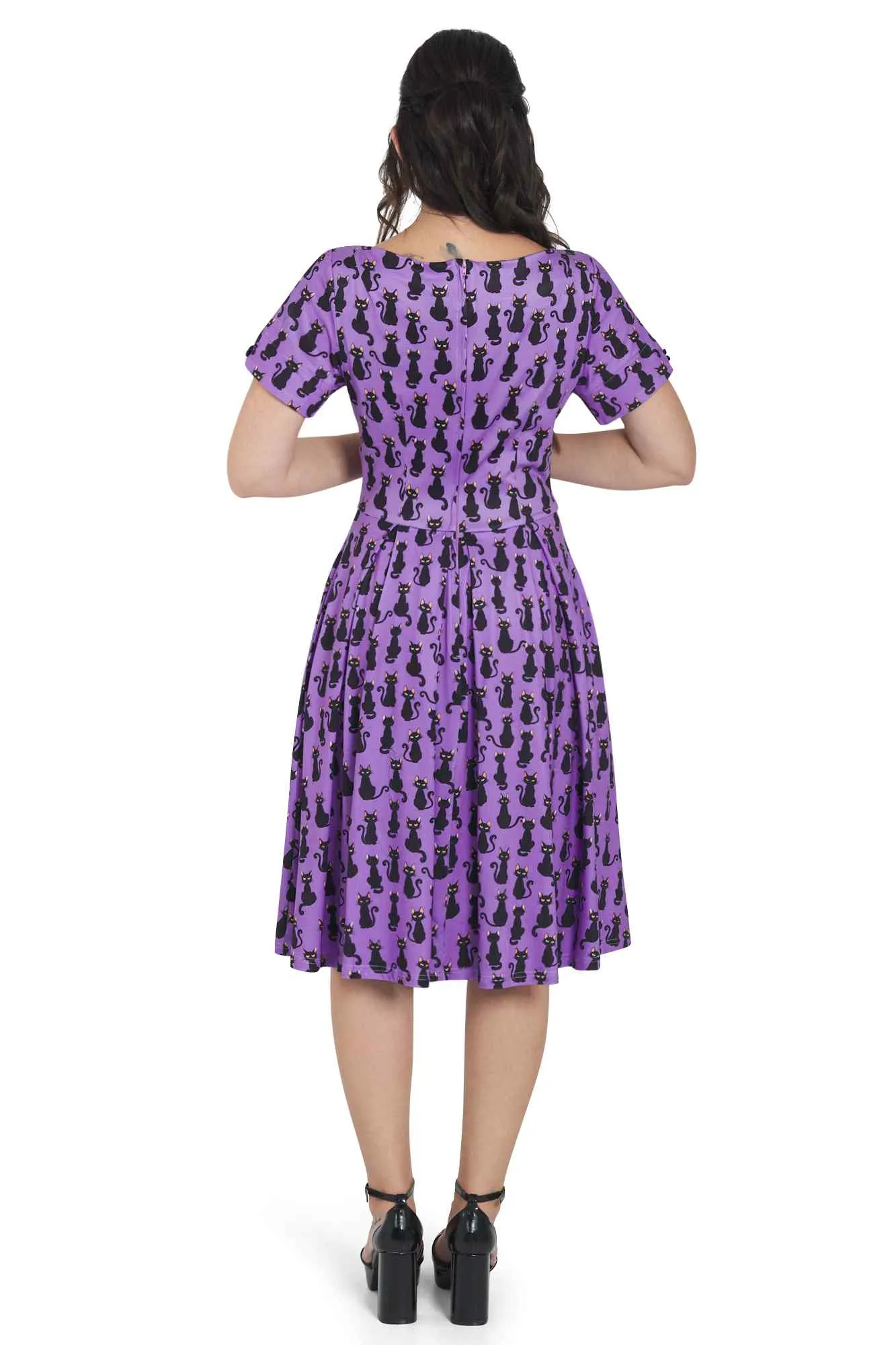 Brenda Purple Black Cat Flared Dress