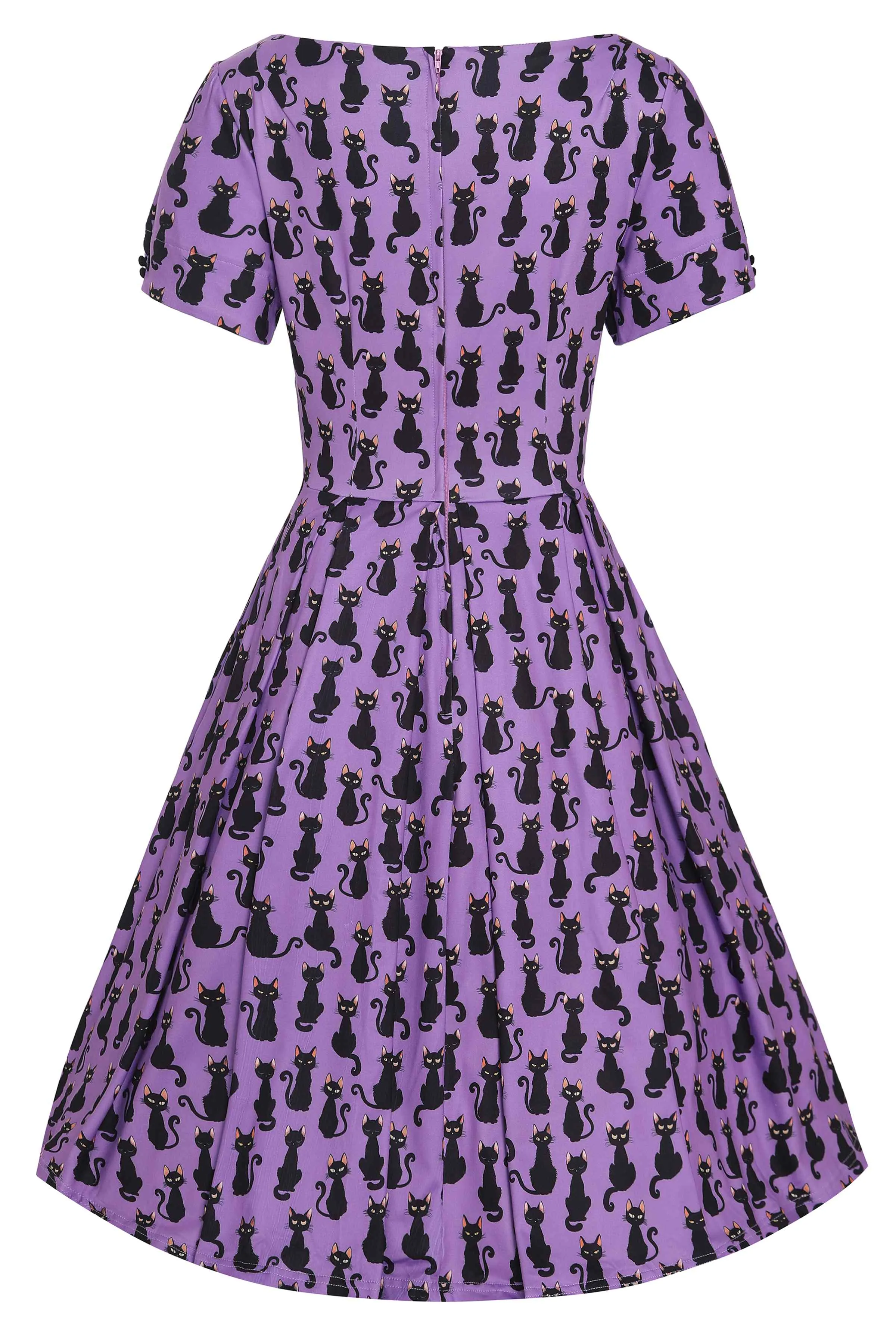 Brenda Purple Black Cat Flared Dress