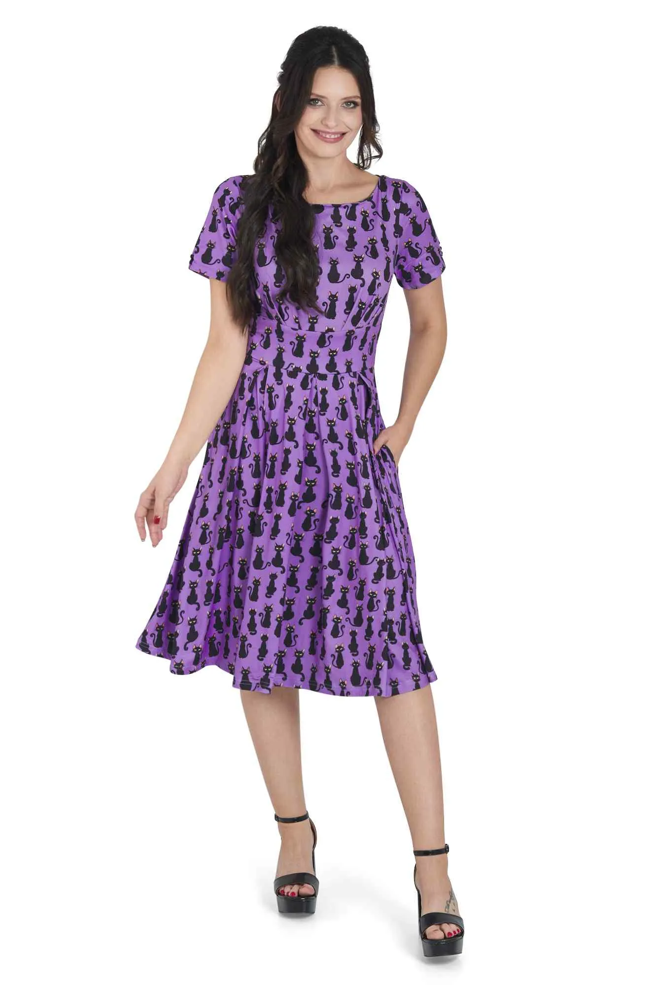 Brenda Purple Black Cat Flared Dress