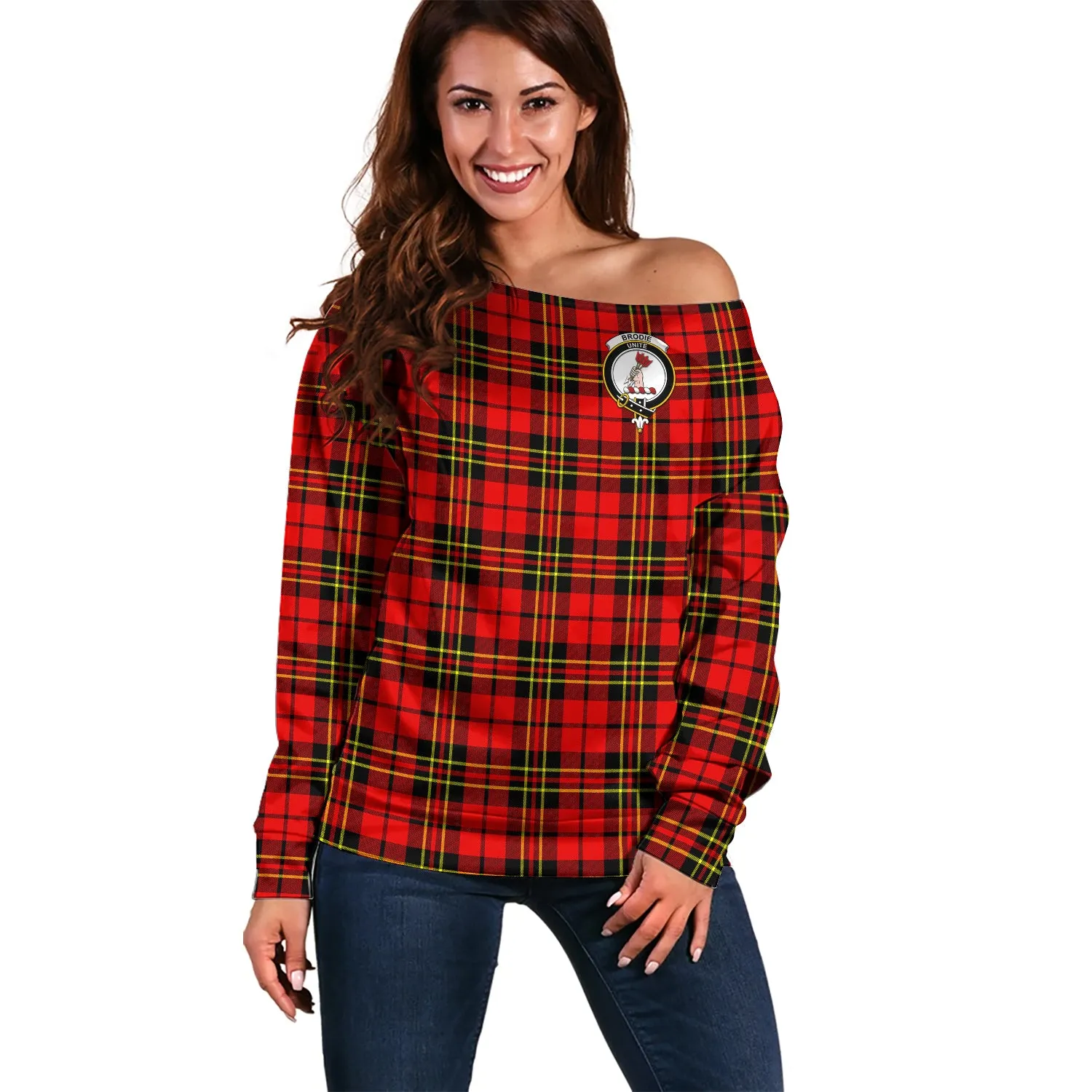 Brodie Modern Tartan Off Shoulder Women Sweater with Family Crest