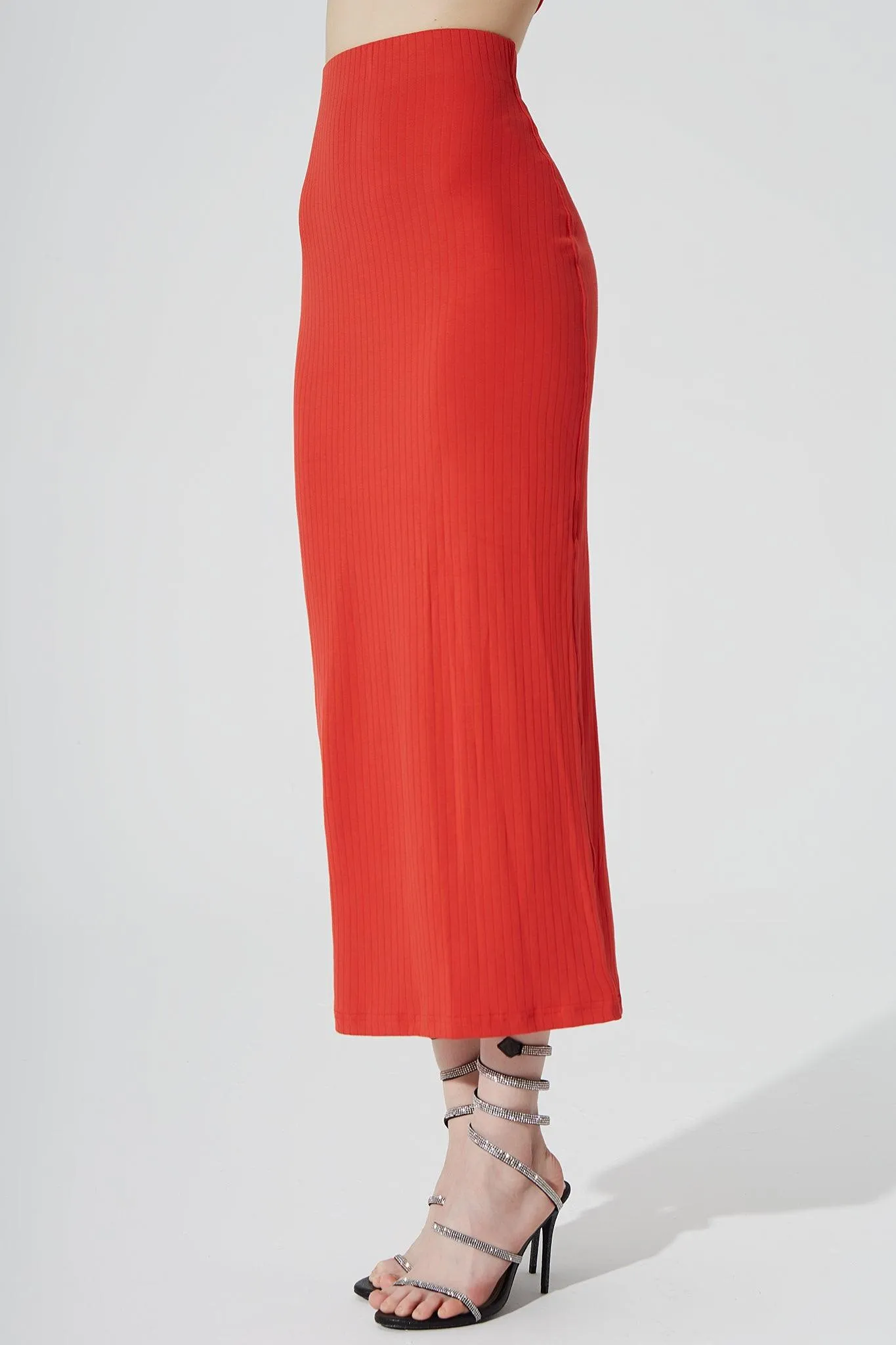 Calista Knitted Slit Skirt - Scarlet