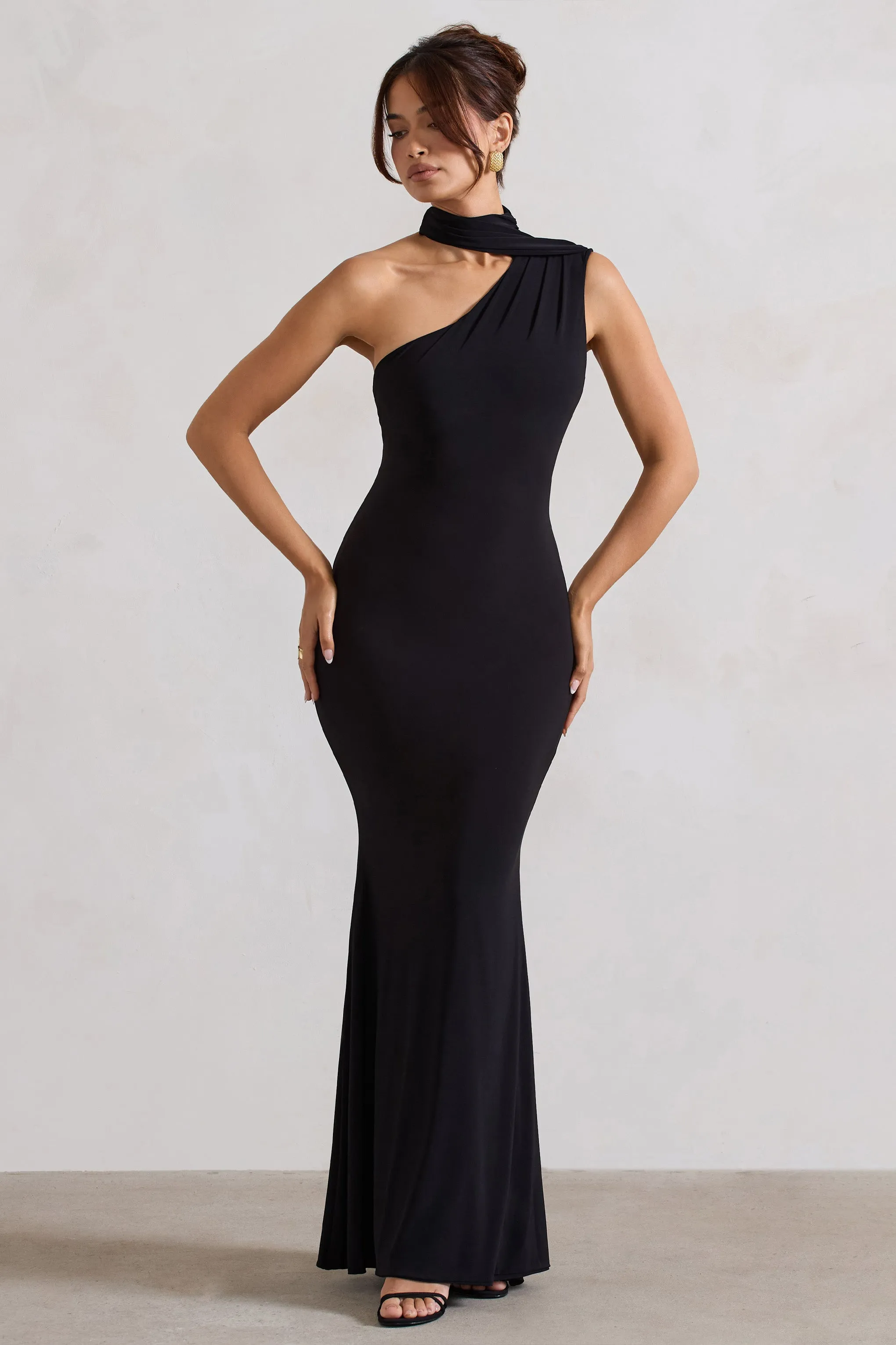 Capucine | Black One Shoulder Draped Maxi Dress