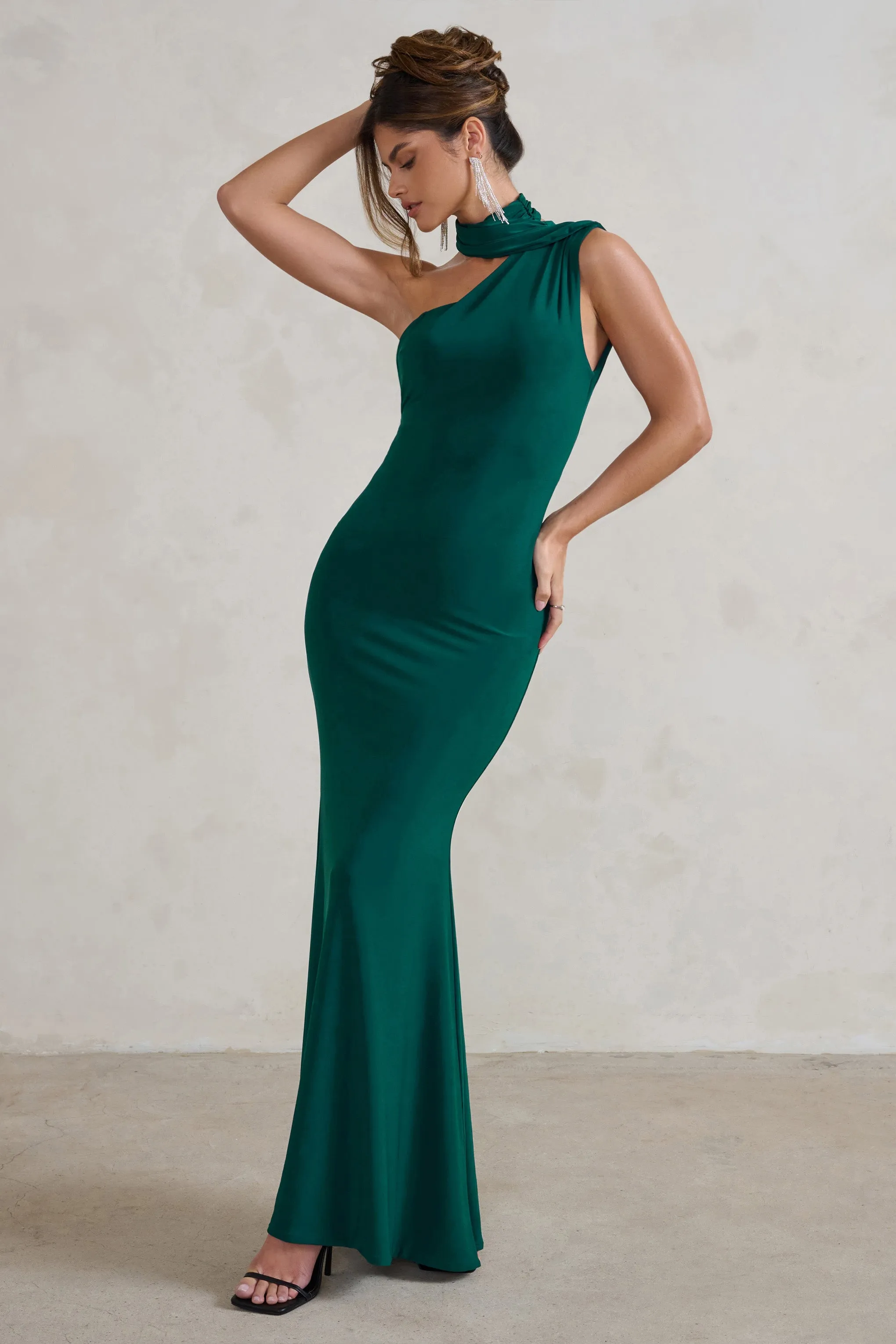 Capucine | Bottle Green One Shoulder Draped Maxi Dress