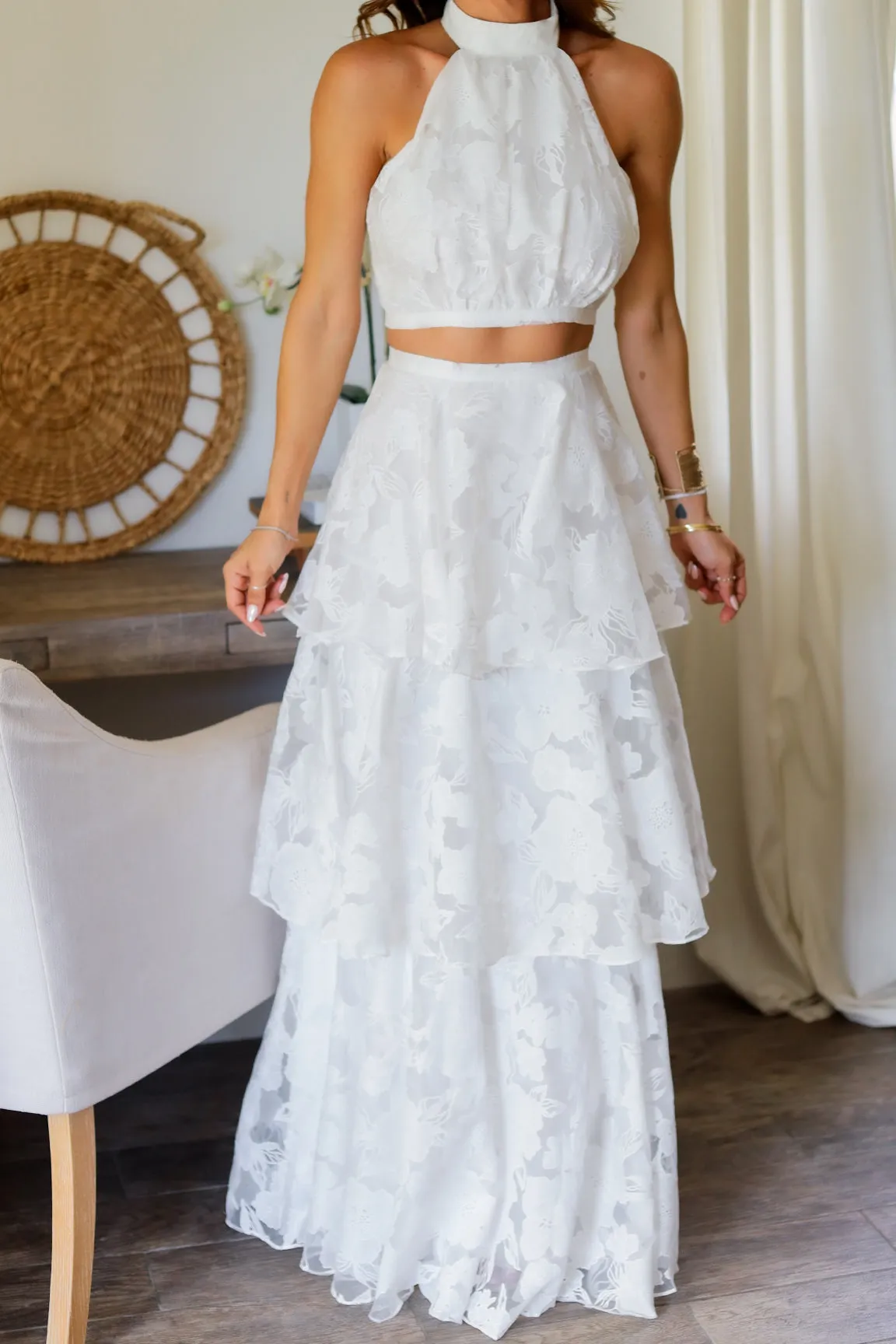 Celeste Crop & Tiered Skirt Set- White