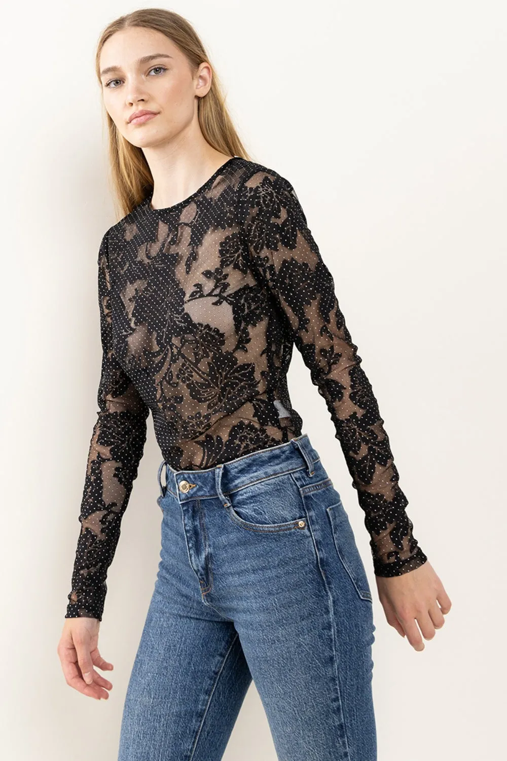 Ces Femme Floral Lace Mesh Bodysuit