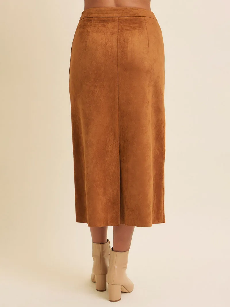 Classic Charm Faux Suede Midi Skirt - Caramel