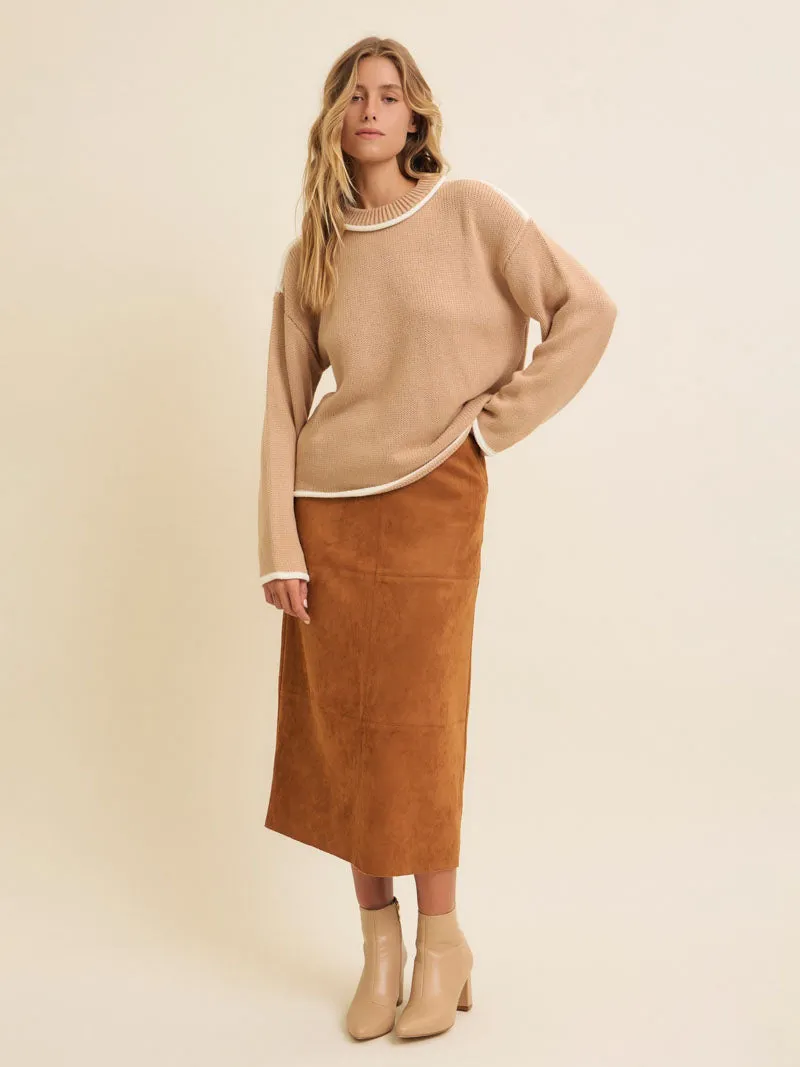 Classic Charm Faux Suede Midi Skirt - Caramel