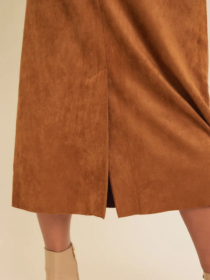 Classic Charm Faux Suede Midi Skirt - Caramel